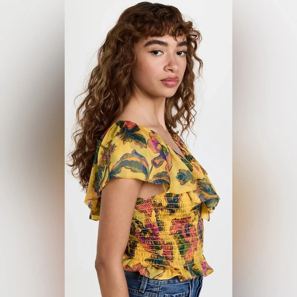 NWT MISA Los Angeles Cara Floral-Print Ruffle Smocked Top in Grand Canary Yellow - Picture 13 of 14